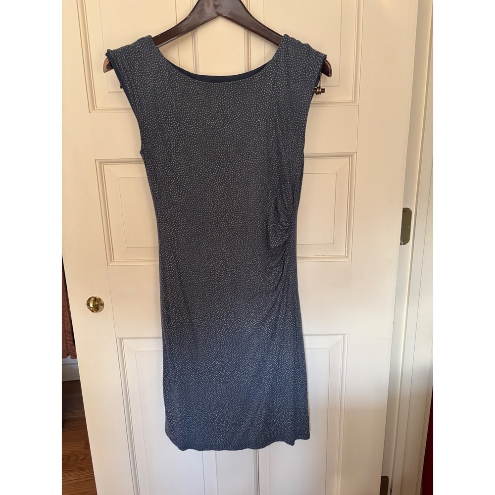 LOFT Navy Blue Polka Dot Ruched Sleeveless Sheath Dress Small Rayon Tencel